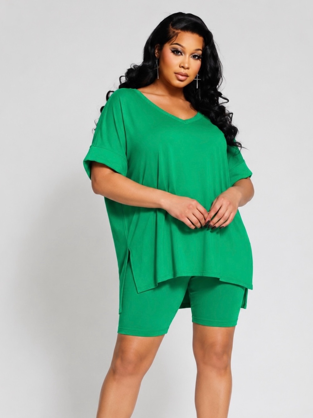Plus Green V-Neck Relaxed Top & Bike Short Set
